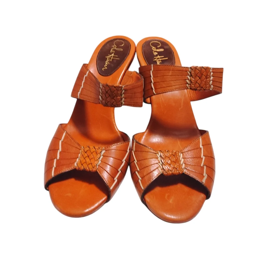 Cole Haan Orange Leather Open Toe Wedge Sandal Slip On Heels Women's Size 8